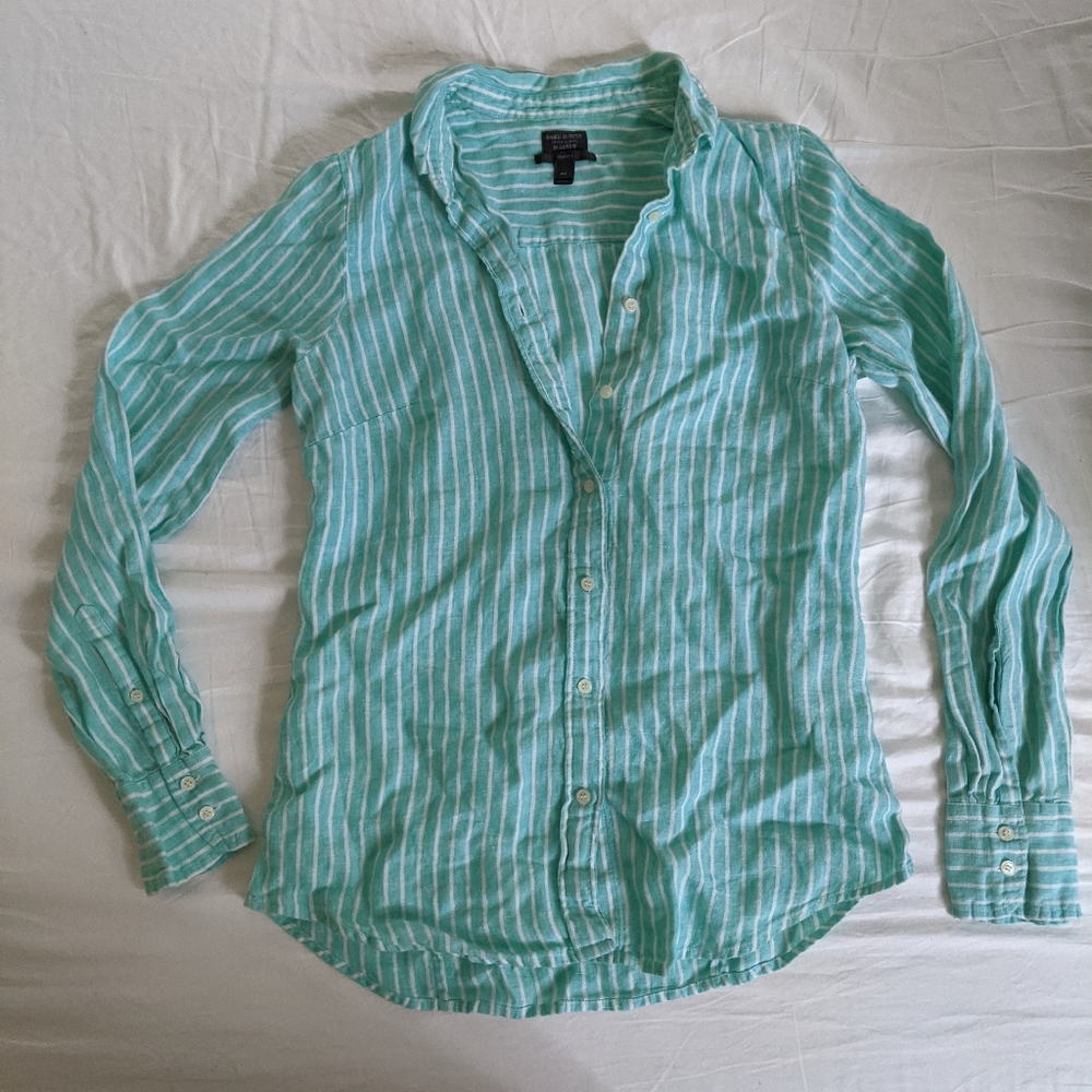 LAST CHANCE Bard McNutt Linen for Jm Crew Button Down Seafoam Turquoise White